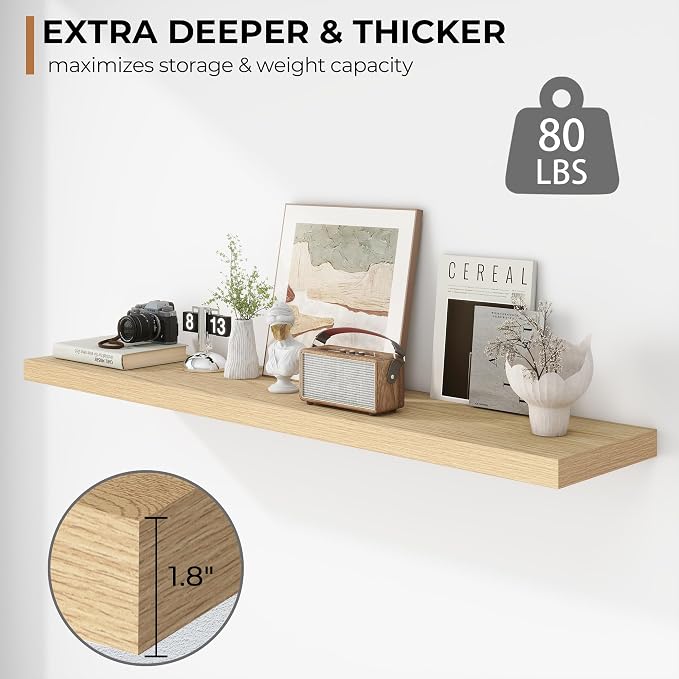 Fun Memories Floating Shelves - 12 Inch Rustic Wooden Wall Shelves - Extra Deeper & Thicker Wall Mounted Storage Shelf for Living Room, Kitchen, Farmhouse - 55" W x 12" D x 1.8" H - Oak