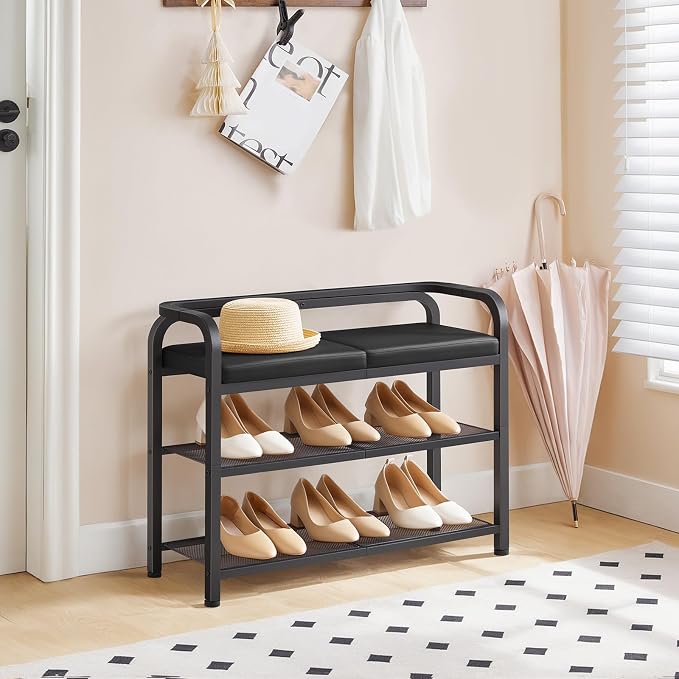 YATINEY Shoe Bench with Backrest, Entryway Bench, 2-Tier Shoe Rack with PU Padded Seat, Upholstered Shoe Storage Bench with Back, for Hallway, Entryway, Foyer, Bedroom, Black HX04BB