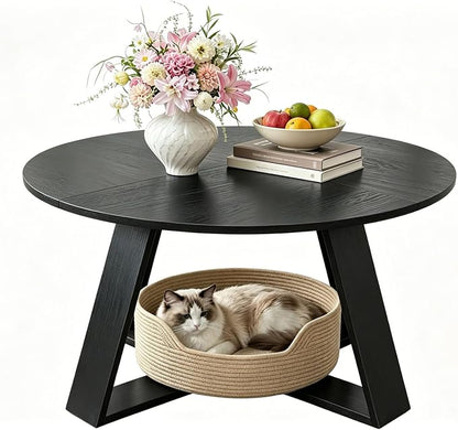 Black Round Coffee Table, 31.5" Modern Coffee Table for Living Room with Mountain Textures,Small Coffee Table with Open Storage, Circle Center Table with Cross Base, Easy Assembly