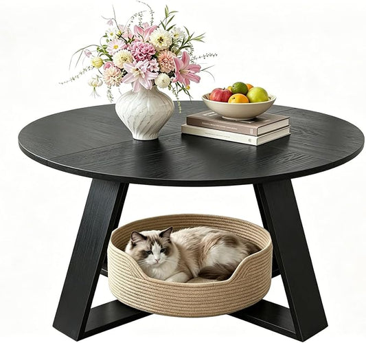 Black Round Coffee Table, 31.5" Modern Coffee Table for Living Room with Mountain Textures,Small Coffee Table with Open Storage, Circle Center Table with Cross Base, Easy Assembly
