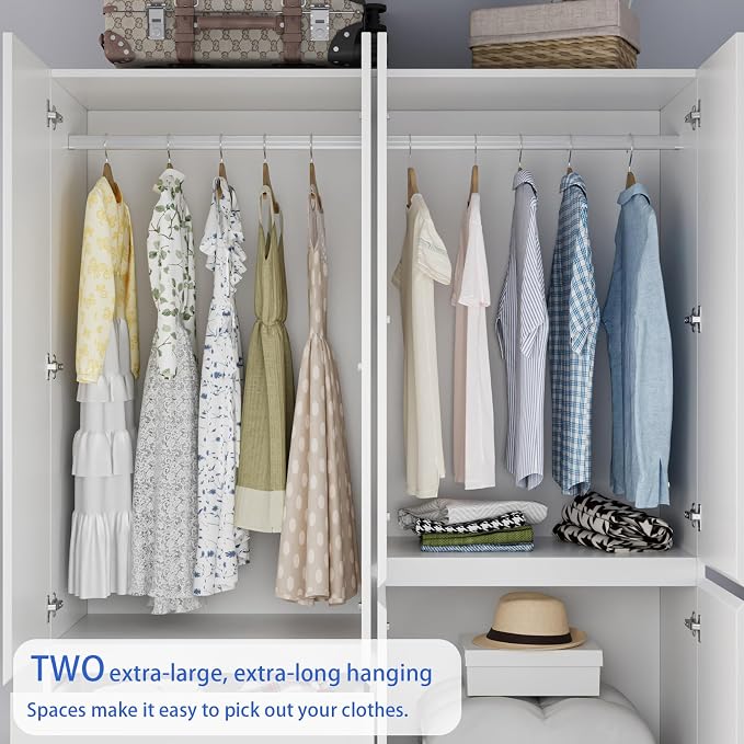 Mekminop Armoire Wardrobe Closet with Drawers and Shelves, 4 Door 2 Drawers White Bedroom Armoires, Modern Wooden Wardrobe with Hanging Rod, 20.39" D x 63" W x 78.74" H