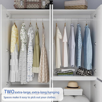 Mekminop Armoire Wardrobe Closet with Drawers and Shelves, 4 Door 2 Drawers White Bedroom Armoires, Modern Wooden Wardrobe with Hanging Rod, 20.39" D x 63" W x 78.74" H