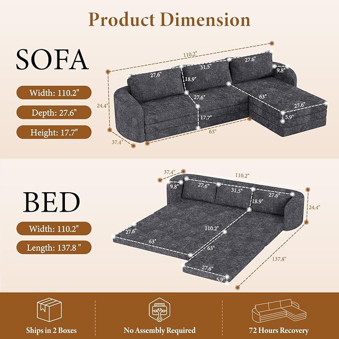Vesgantti 110.2" Boneless Sectional Couch with Curved Armrest, 6 in 1 Convertible Folding Sleeper Sofa Bed, Chenille Modular Sofa for Living Room, No Assembly Required, Blue, Right Facing Chaise