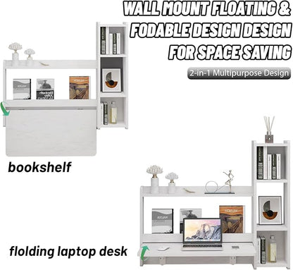 Pmnianhua Floating Desk,41'' Wall Mounted Desk,Fold Down Laptop Desk,Folding Workstation,Space Saving Table with Storage for Bedroom Study Room Small Space (Off White-Left)