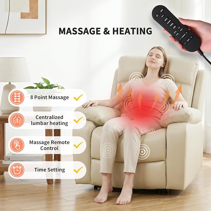 EONIX Power Zero Wall Hugger Power Recliner Chair for Small Space RV Living Room,Power Recliner with Massage and Heat, USB & USB-C Charging Ports, SXXY003992, Cream White