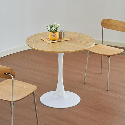 Round Dining Table, 24" Circle Tulip Table with Thickened Tabletop & Metal Pedestal, Mid Century Modern Bistro Table for Kitchen, Small Places, Living Room, Cafe (Faux Oak)
