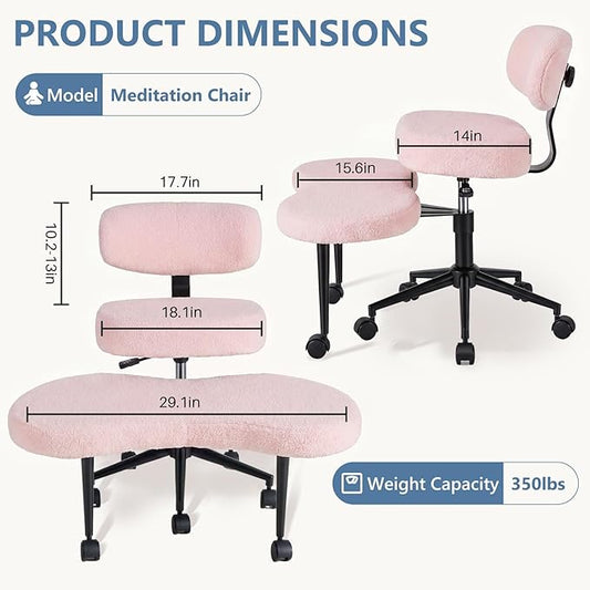 DUMOS Ergonomic ADHD Meditation Office Desk Chair with Adjustable Backrest, Cross Legged Chair Height Adjustable with 360° Swivel Footstool, Yoga Stool for Home Office, Teddy Fabric Pink