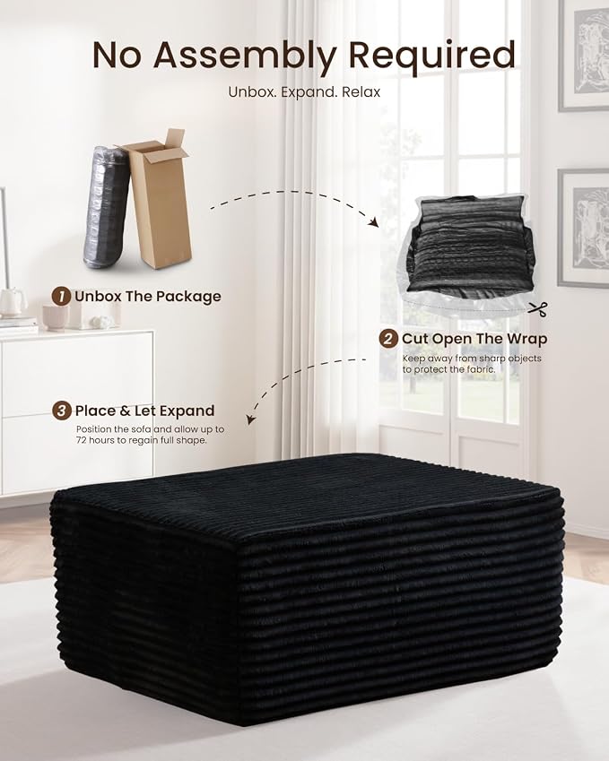 37" Plush Boneless Ottoman, Upholstered Cloud Footrest for Boneless Couch in a Box,Oversize Poufs for Living Room & Bedroom Sofa Ottoman,Comfy Seating with Dense Foam, Black (Plush Corduroy Fabric)