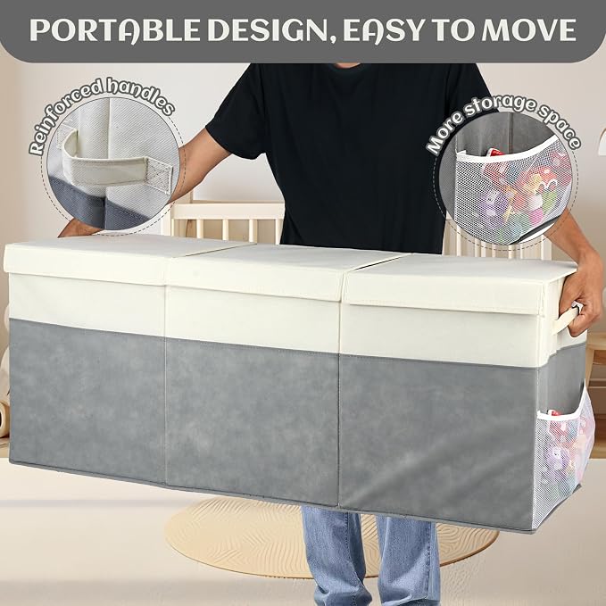 FIIOEOY Extra Large Toy Box with Lids, Collapsible Toy Storage Organizer with Divider for Kids, Sturdy Toy Chest for Bedroom, Nursery, Living Room, Playroom, 40"x14"x16", Gray & White