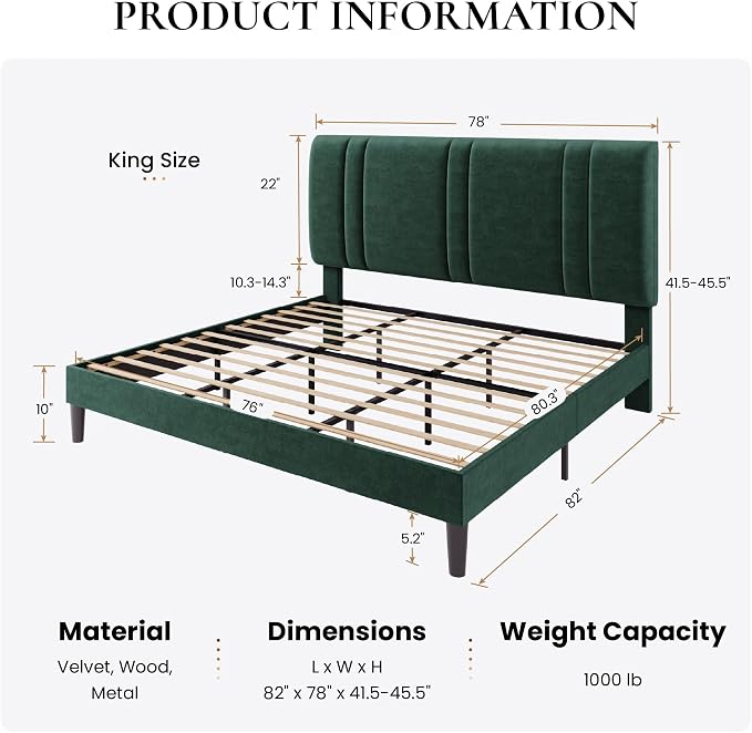 SHA CERLIN King Size Platform Bed Frame, Velvet Upholstered Bed with Adjustable Headboard, Vertical Channel Tufted Design, Sturdy Wood Slat Support, No Box Spring Needed, Easy Assembly, Green