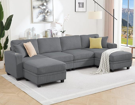 127" Modular Sectional Sofa with Storage, Corduroy 6-Seater U-Shaped Sofa with Ottoman Chaise, Cloud Sectional Couches for Living Room, Apartment
