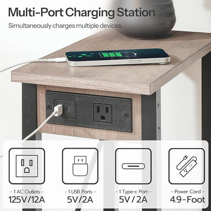 HOOBRO Narrow Side Tables, Set of 2, 2-Tier Slim End Tables with Charging Station, Skinny Nightstands with Open Storage, for Small Spaces, Living Room, Bedroom, Study,Greige and Black BG240UBZP201