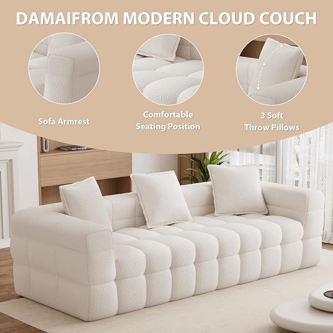 91.3" Boneless Couch,Comfy Cloud Sectional Sofa with Deep Seat,Modern Upholstered Chenille Love Seat Sofa, Oversized Couches for Living Room, No Assembly Required Tufted Sofas, Beige White