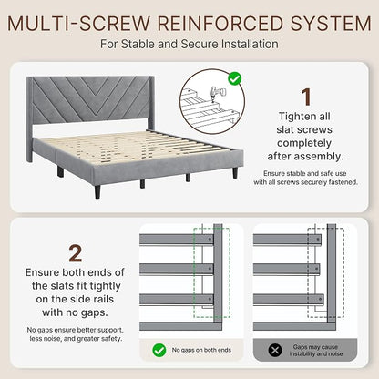 Yaheetech King Bed Frame Upholstered Platform Bed/Wooden Slat Support/Tufted Headboard with Wing Side/Mattress Foundation/No Box Spring Needed,Light Gray King