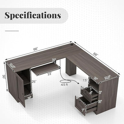 Giantex 66" L-Shaped Desk with Storage Drawers & Charging Station, Spacious Corner Computer Desk with Keyboard Tray, Adjustable Shelf, Cabinet, Huge Workspace Home Office Study Writing Desk (Grey Oak)