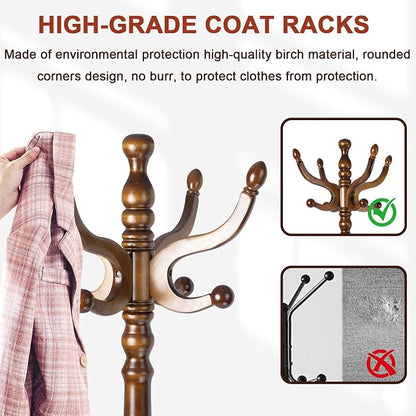 Coat Racks Freestanding, Natural Wood Coat Stands with 14 Hooks, 73" Heavy Duty Adjustable Height Vintage Hall Tree for Entryway, Bedroom, Office, Easy Assembly (Antique color)