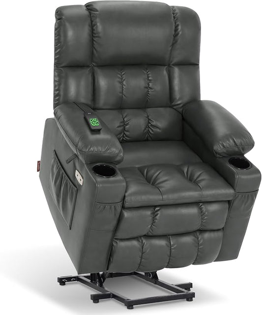 MCombo Dual Motor Power Lift Recliner Chair for Elderly, Lay Flat Lift Chair with Heat and Massage, Cup Holders, USB Ports, Faux Leather 7890 (Grey, Medium)