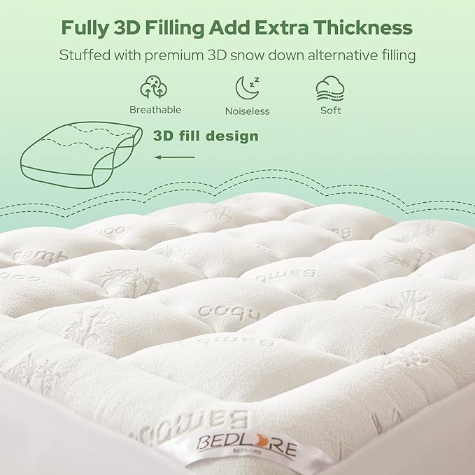 BEDLORE RV Queen Mattress Topper Viscose Derived from Bamboo,Pillow Top Mattress Pad with Stretchable Pockets for 6-18 inches Mattress, Soft Breathable Mattress Topper for Back Pain Relief