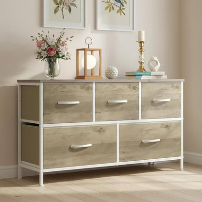 OLIXIS 5 Drawer Dresser for Bedroom, Storage Organizer Unit for Closet | Chest of Drawers for Clothes Storage with Bins, Wide Fabric Bedroom Dresser, Wooden Top, Living Room, Greige Oak