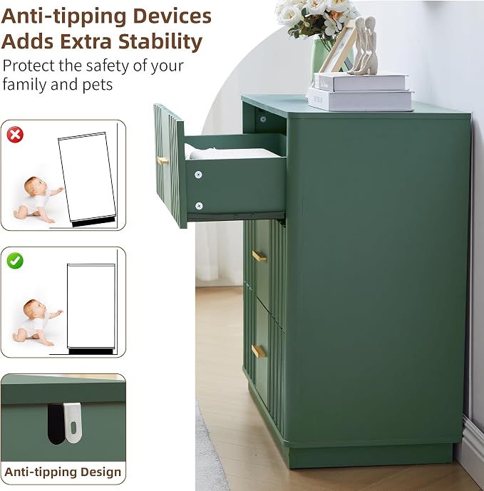 Fluted Dresser for Bedroom with 3 Drawers, 31.5" Wide Modern Chest of Drawers with Curved Profile Design, Wood Closet Clothes Storage Organizer for Living Room, Entryway, Hallway, Green