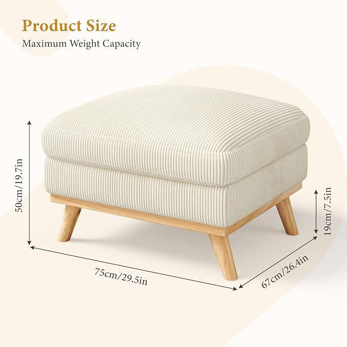 Vesgantti Large Ottoman for Modular Sofa, 29.5" Corduroy Pouf Ottoman with Spring Cushion, Rectangle Foot Rest for Couch, Entrance Footstool with Wood Legs, Footstool for Living Room, Bedroom, Beige