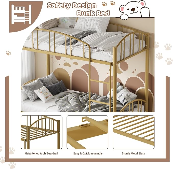 GarveeHome Metal Bunk Bed Twin Over Twin, Heavy Duty Bunkbeds Frame with Arched Guardrail and Safety Ladder, Sturdy Steel Bed for Kids Boys Girls, Space-Saving, No Box Spring Needed, Gold