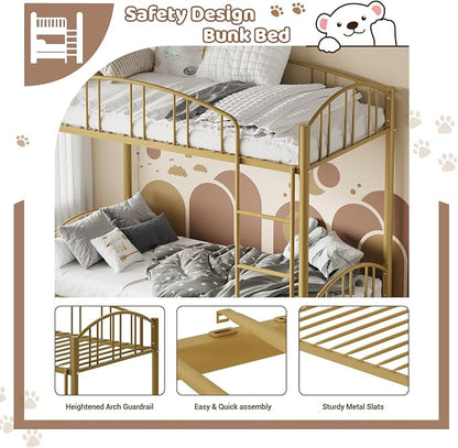 GarveeHome Metal Bunk Bed Twin Over Twin, Heavy Duty Bunkbeds Frame with Arched Guardrail and Safety Ladder, Sturdy Steel Bed for Kids Boys Girls, Space-Saving, No Box Spring Needed, Gold