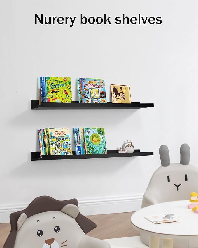 MBYD 36 Inch Floating Shelves Black, Wooden Picture Ledge Photo Shelf for Wall with Lip Set of 2, Wall Mount Display Nursery Shelf for Books, Vinyl Records, Bedroom Living Room Bathroom Kitchen Decor