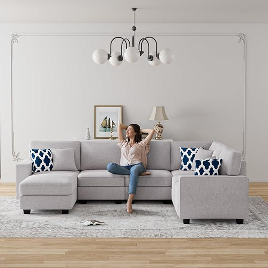 Legend Vansen Oversized Modular Sectional Sofa,U/L‑Shaped Reversible Couch with Ottoman,Deep Seat Plush Polyester Sofa for Living Room,7‑Seater,Light Grey