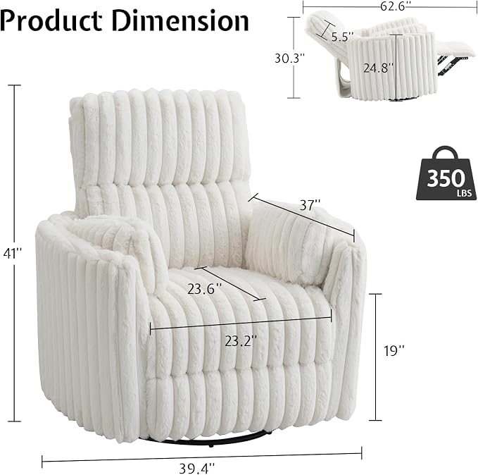 Jocisland Power Recliner Nursery Chair for Adults, Electric Swivel Rocking Glider with USB & Type-C Charge, Plush Corduroy Armchair with 2 Pillows, Cozy Reclining Sofa for Living Room, Bedroom, Cream