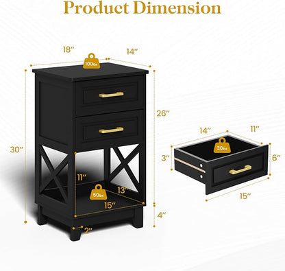 May in Color Nightstand Set of 2, 30" Tall Side Table with 2 Drawers and Open Shelf, Bedside Table with Solid Feet, Modern End Table for Bedroom, Home Office, Black