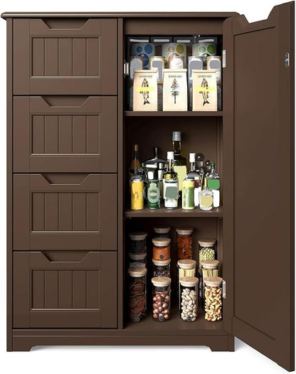 Gizoon Small Kitchen Pantry with Door and Shelves, 33'' Pantry Storage Cabinet Freestanding Wooden Bathroom Storage Cabinet with 4 Drawers for Kitchen and Dining Room, Dark Brown, Painted