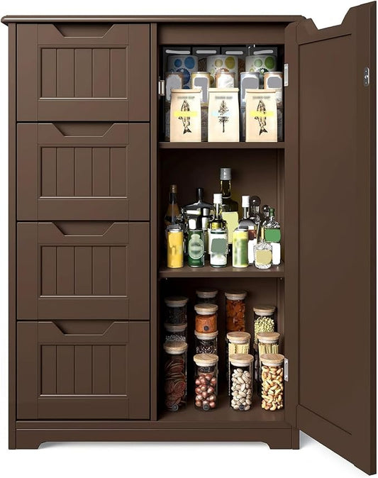 Gizoon Small Kitchen Pantry with Door and Shelves, 33'' Pantry Storage Cabinet Freestanding Wooden Bathroom Storage Cabinet with 4 Drawers for Kitchen and Dining Room, Dark Brown, Painted