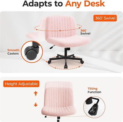 Orange Factory Criss Cross Chair Wheels Vanity Chair Office Desk Comfy Wide Cross Legged Armless Teddy Fabric Adjustable Swivel for Home Computer Task (Pink, Teddy Fleece)
