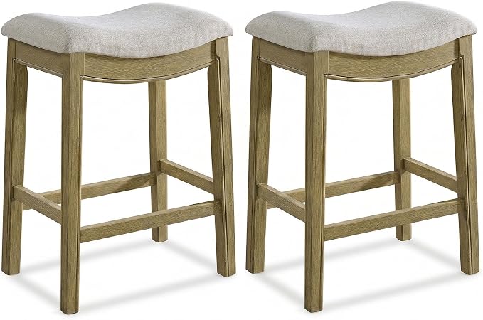 ROME + OAK Set of 2 Parker 26 Inch Counter Stool, Backless Saddle Kitchen Barstool in Natural Finish with Cream Fabric Upholstery Cushion Seat