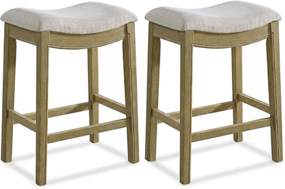 ROME + OAK Set of 2 Parker 26 Inch Counter Stool, Backless Saddle Kitchen Barstool in Natural Finish with Cream Fabric Upholstery Cushion Seat