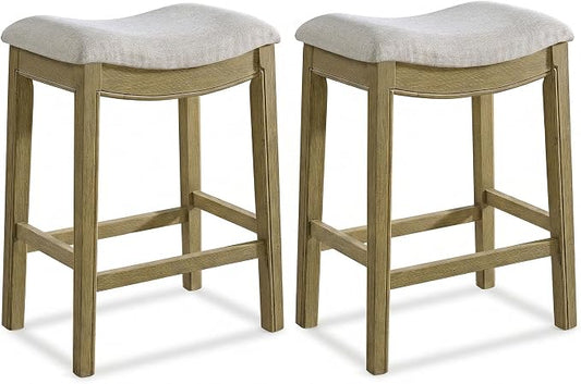 ROME + OAK Set of 2 Parker 26 Inch Counter Stool, Backless Saddle Kitchen Barstool in Natural Finish with Cream Fabric Upholstery Cushion Seat
