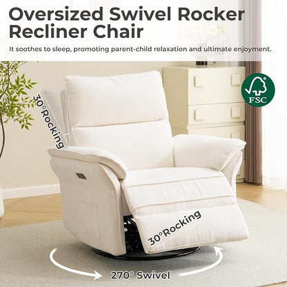 Oversized Power Recliner Chair Swivel Glider with Massage and Heat, Rocker Nursery Recliner for Adults with Adjustable Headrest, 26" Extra Wide Nursery Chair with Overstuffed Armrest,White