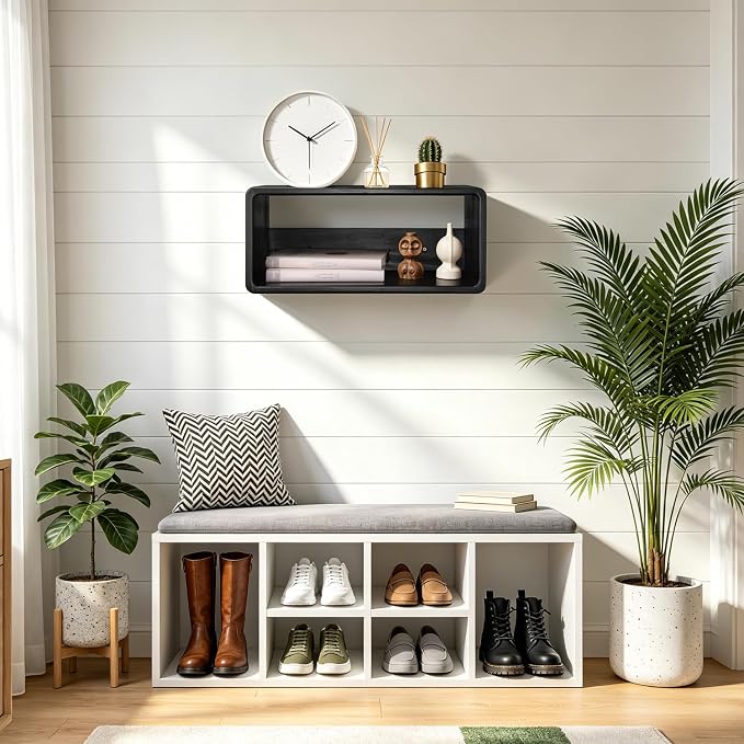 Floating Nightstand Oak Wooden Shelf Wall Mount - Stylish & Minimalistic Bedside Shelf Hanging Storage Phone Rest Side Table for Bedroom Office Home Decor Black 18”x 10”x 7.5”