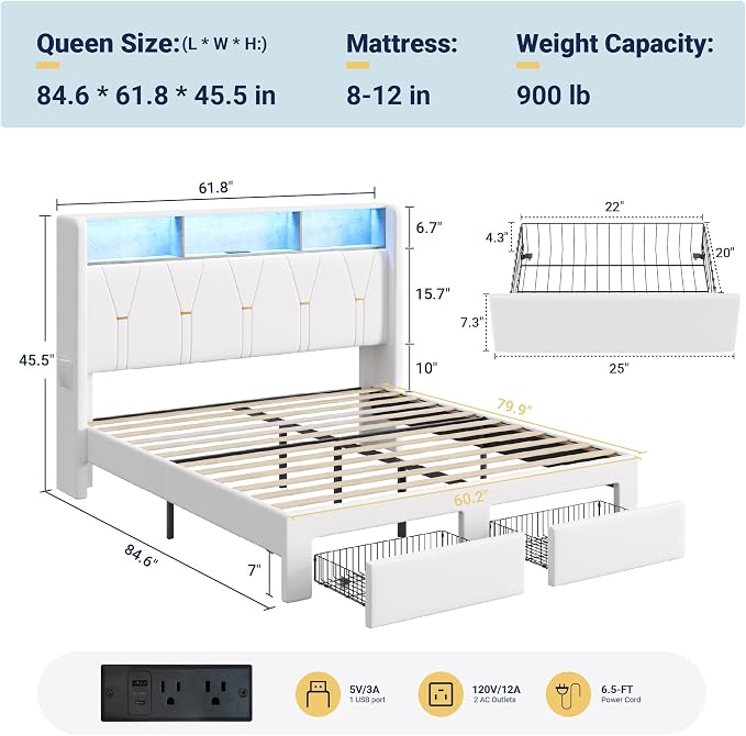 Allewie Queen Bed Frame with 2-Tier Storage Headboard, Charging Station & LED Light, Velvet Upholstered Platform Bed with 2 Drawers, Wingback Headboard, Gold Button Tufted, No Box Spring Needed, White
