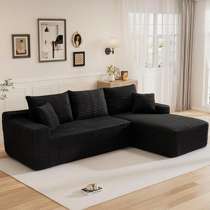 108" L Shaped Cloud Boneless Sectional Couches for Living Room, Modern Comfy Modular Deep Seat Memory Foam Compressed Corduroy Sofa Oversized Right Facing Chaise, No Assembly Required, Balck
