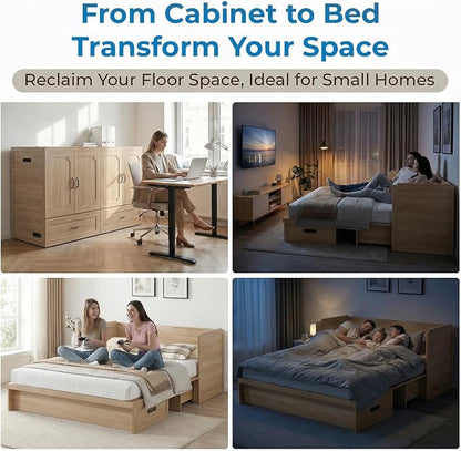 Mjkone Queen Murphy Bed, Murphy Cabinet Bed with USB Charging Station & Tri-Fold Memory Foam Mattress, Hidden Cube Cabinet Beds with Large Storage Drawer for Guest Room Home Office, Natural Wood