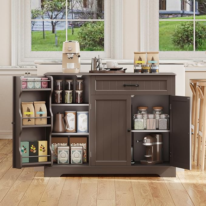 Gizoon Kitchen Coffee Bar Cabinet with Storage Kitchen Sideboard Buffet Cabinet with Drawers, Short Pantry with Door and Shelves for Bathroom and Living Room, Dark Brown, Painted