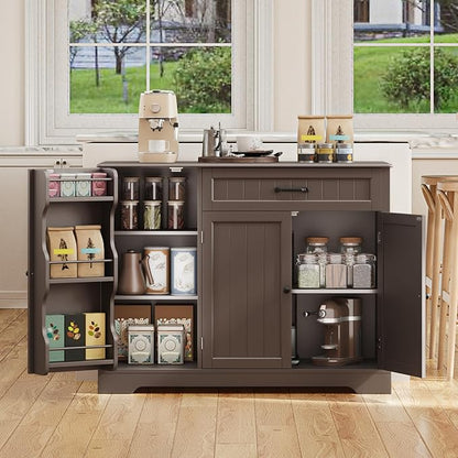 Gizoon Kitchen Coffee Bar Cabinet with Storage Kitchen Sideboard Buffet Cabinet with Drawers, Short Pantry with Door and Shelves for Bathroom and Living Room, Dark Brown, Painted