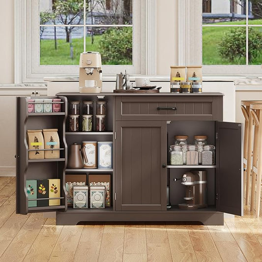 Gizoon Kitchen Coffee Bar Cabinet with Storage Kitchen Sideboard Buffet Cabinet with Drawers, Short Pantry with Door and Shelves for Bathroom and Living Room, Dark Brown, Painted