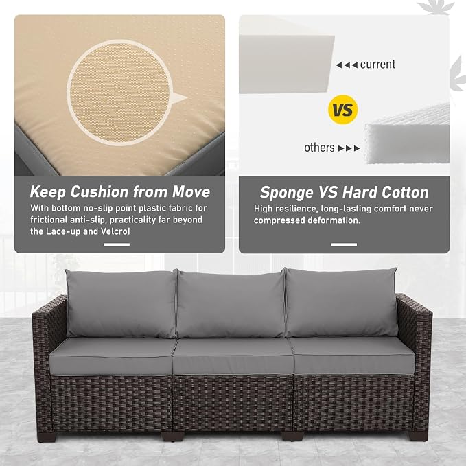 Rattan Star Wicker Patio Sofa Outdoor Furniture Outdoor Couch Deep Seat Sofa High Backrest with Waterproof Cover and Non-Slip Cushions, Grey