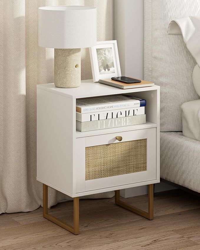 Masupu Extra Large Rattan Nightstand,Boho Night Stand Modern Farmhouse Wood Bedside Table with Storage Drawer and Open Shelf,Side End Table for Bedroom,Living Room,Office White
