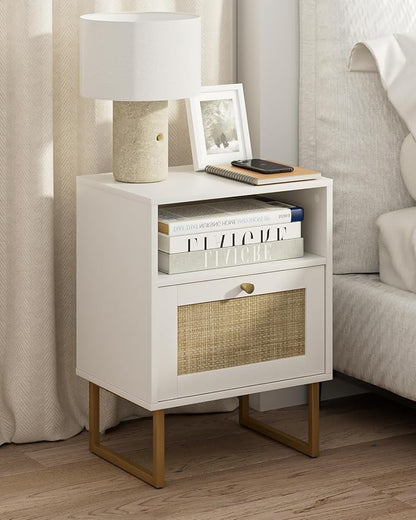 Masupu Extra Large Rattan Nightstand,Boho Night Stand Modern Farmhouse Wood Bedside Table with Storage Drawer and Open Shelf,Side End Table for Bedroom,Living Room,Office White