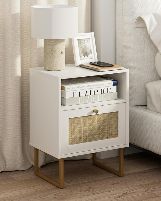 Masupu Extra Large Rattan Nightstand,Boho Night Stand Modern Farmhouse Wood Bedside Table with Storage Drawer and Open Shelf,Side End Table for Bedroom,Living Room,Office White
