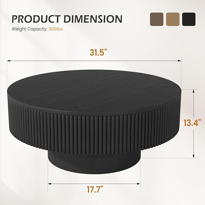 YOUDENOVA 31.5” Round Fluted Coffee Table, Modern Wood Circle Coffee Table, Veneer Handcrafted Relief Tea Table with Sturdy Pedestal for Living Room，Easy Assembly - Black